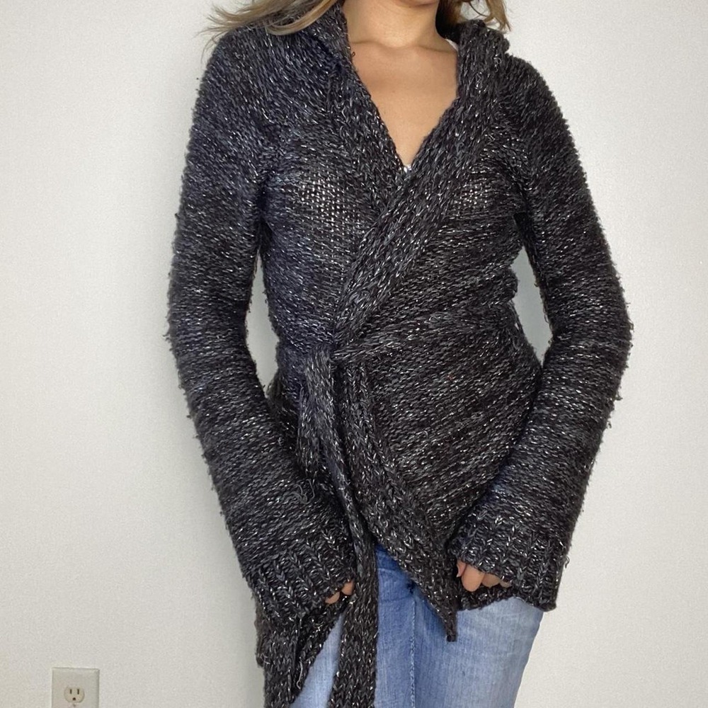 Vintage 00s grey and chocolate brown metallic wrap knit cardigan